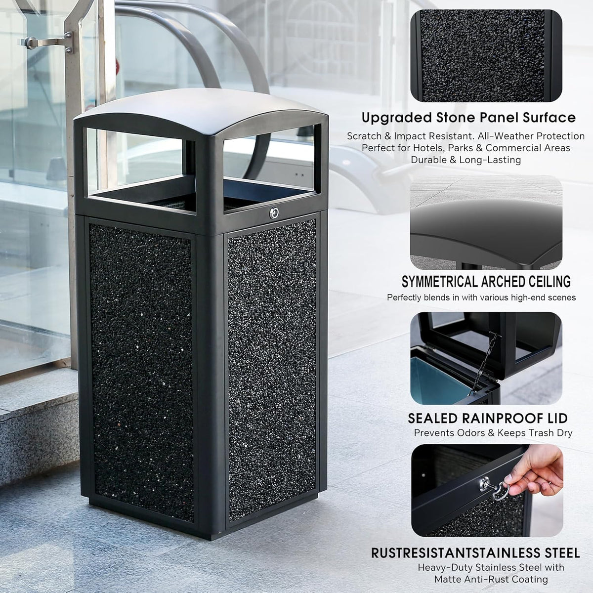 Commercial Metal Outdoor Trash Can with Lid, Lockable Outdoor Garbage Can with Nature Stone Panels