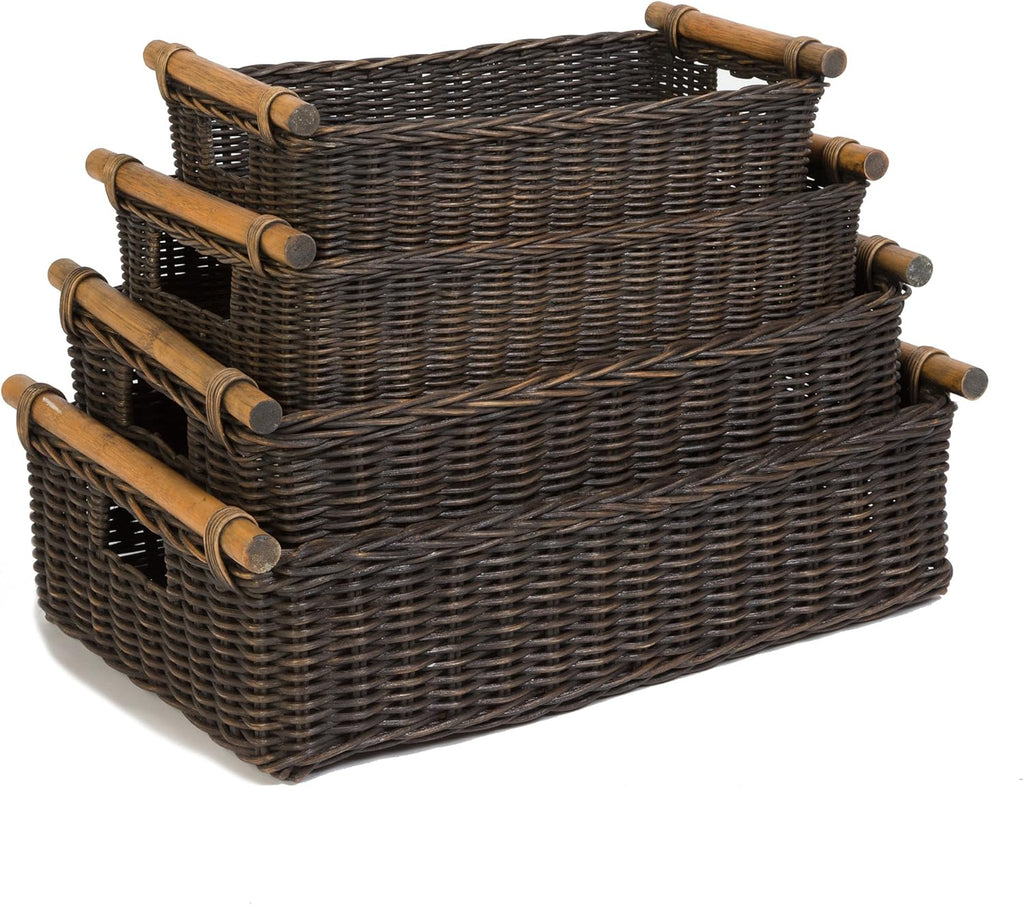 The Basket Lady Low Pole Handle Wicker Storage Basket, Small, 15 in L x 9 in W x 5 in H, Antique