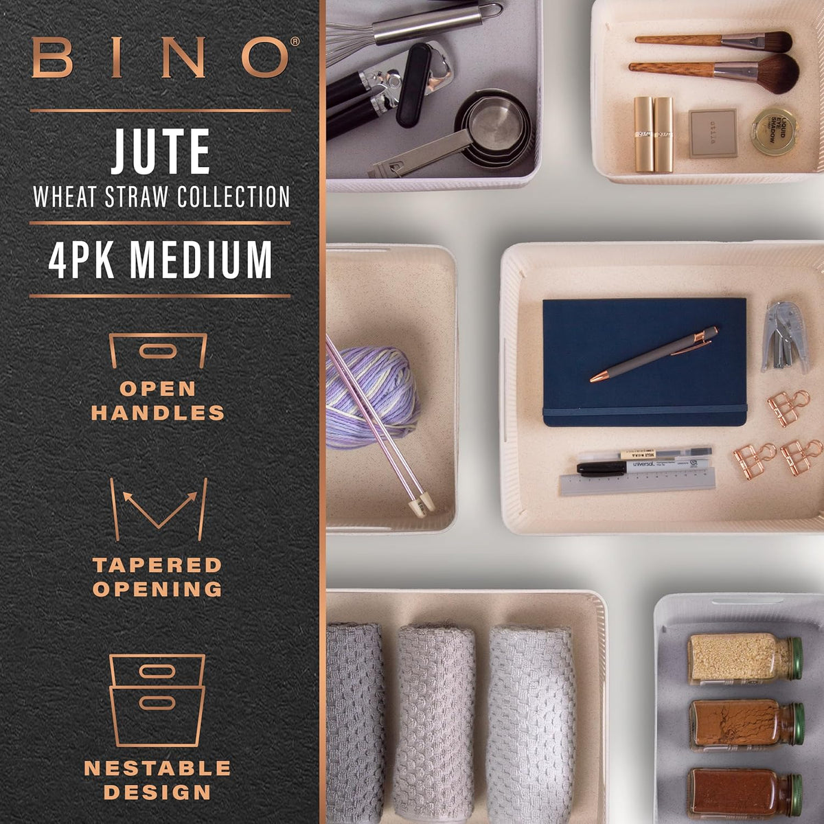 BINO | Woven Plastic Basket | Small (Natural Grey), 4-Pack | THE JUTE COLLECTION | Home