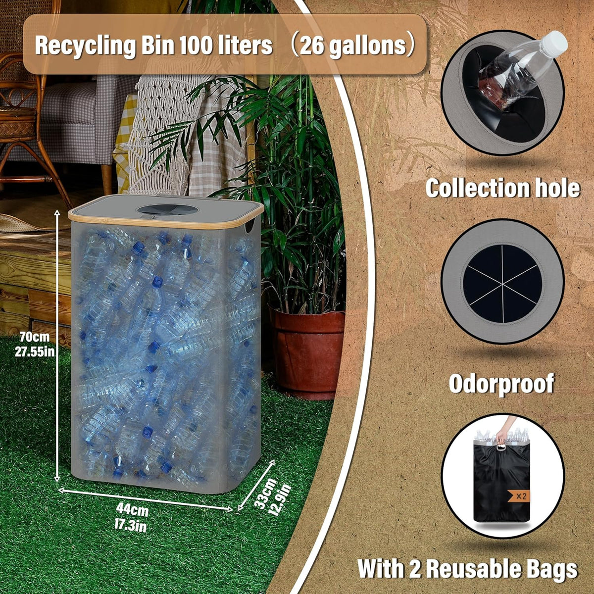efluky Recycle Bin 26 Gallon, 100L Recycle Bin for Kitchen with 2 Removeable and Reusable Inner