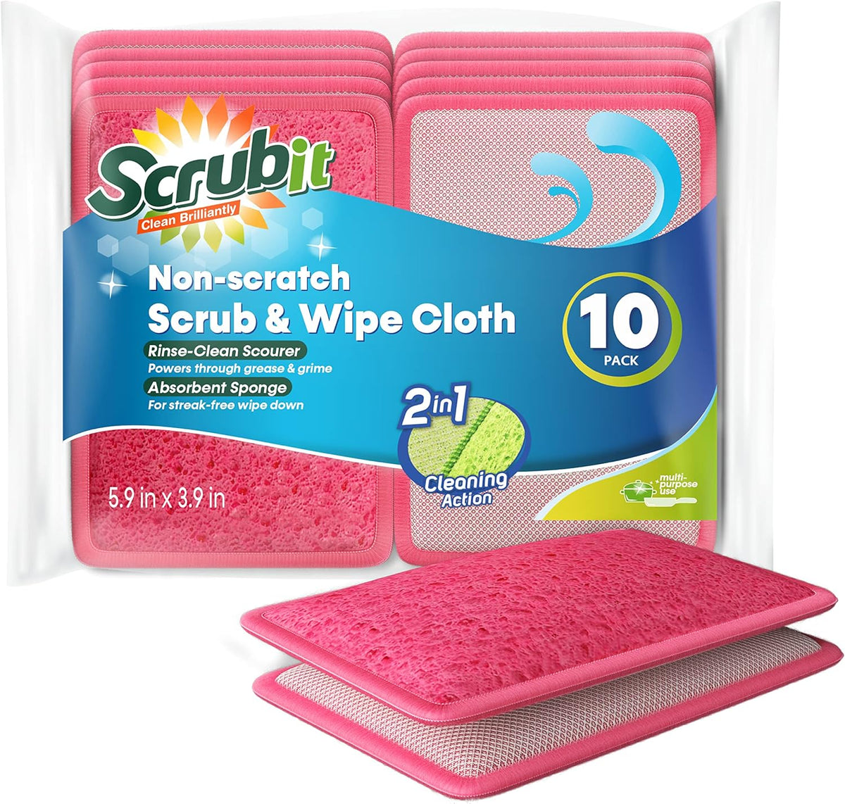 Scrub and Wipe Scrubbing Pads [10 Pack] – SCRUBIT Dual Sided Scouring Pad and Sponge - Reusable