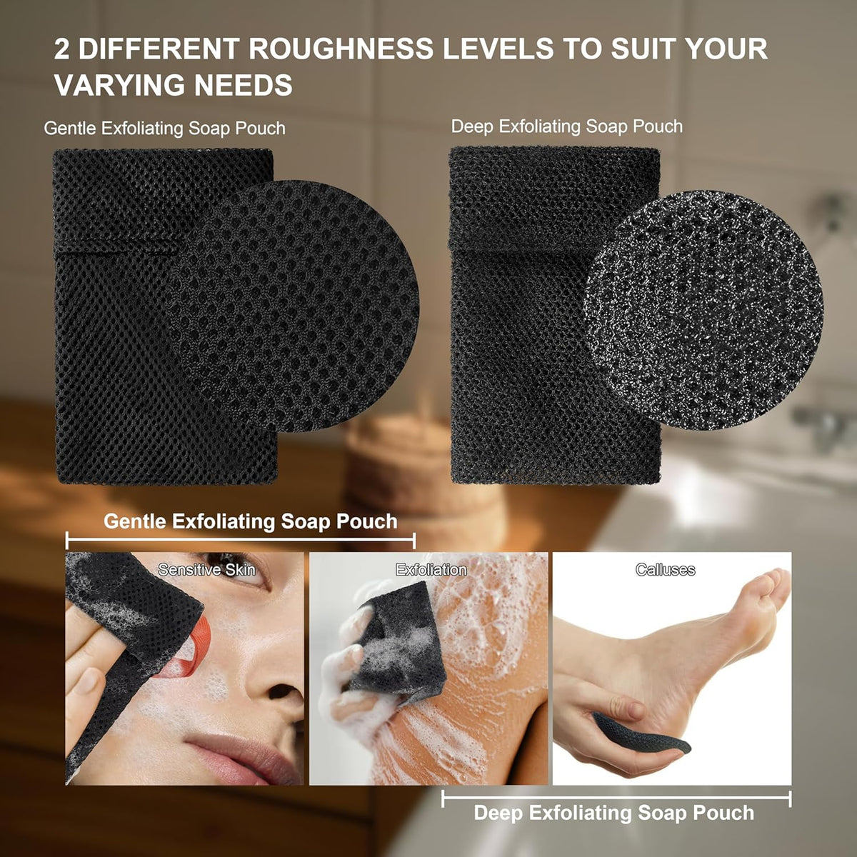2 Pack Soap Bag Different Roughness Deep and Gentle,Bar Soap Pouch Saver Pocket,Body Scrubber