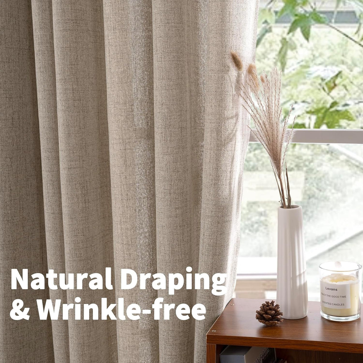 YoungsTex Dark Oatmeal Linen Curtains 45 Inch Length for Short Window, Tan Semi Sheer Drapes with