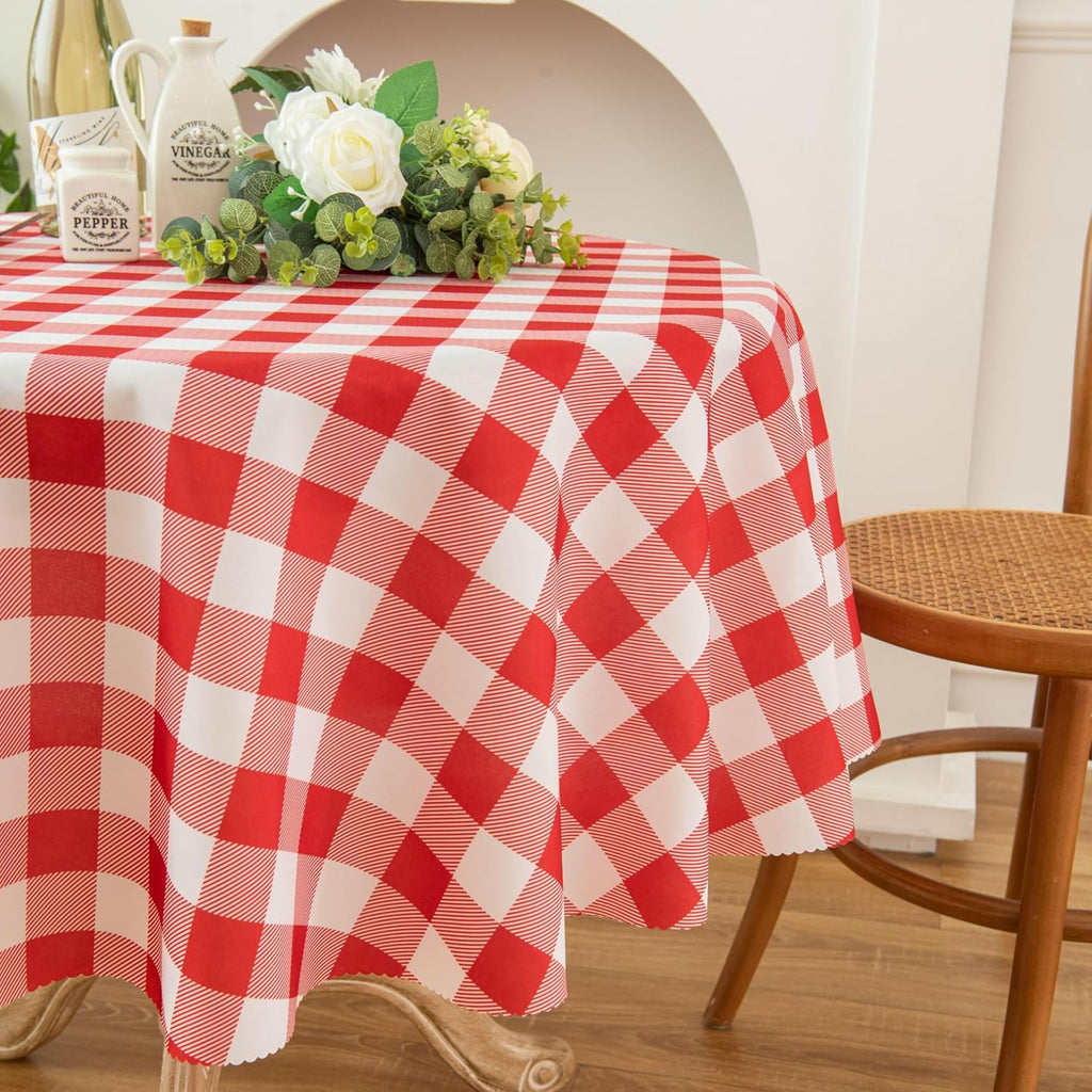 Waterproof Plaid Tablecloth Fabric - Round 50 Inch Classic Gingham Checker Table Cloth for