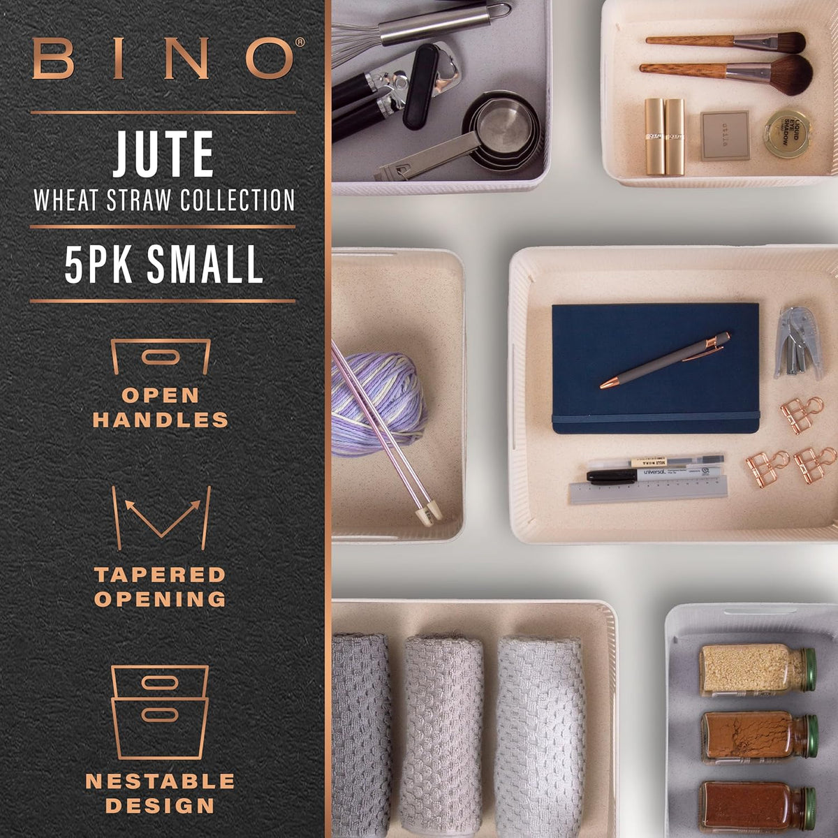 BINO | Woven Plastic Basket | Small (Natural Grey), 5-Pack | THE JUTE COLLECTION | Home