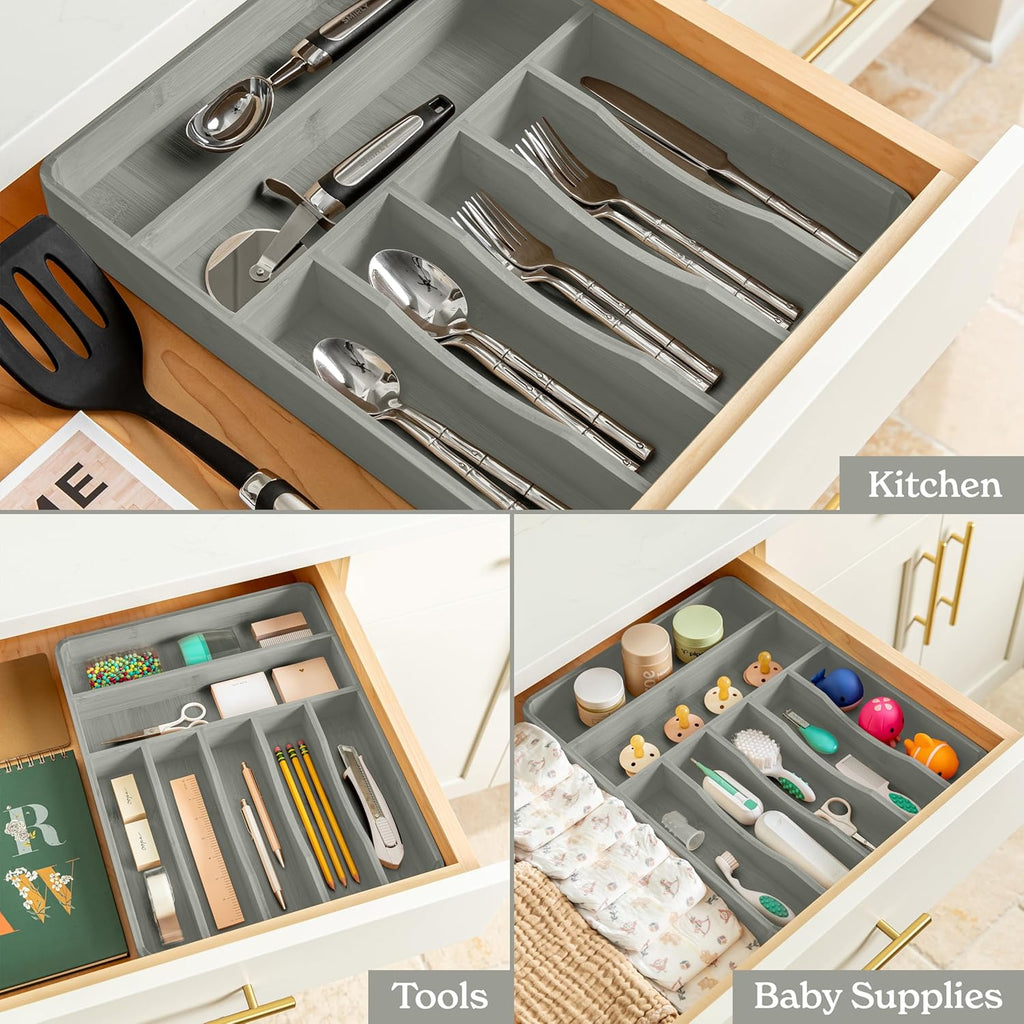SMIRLY Silverware Drawer Organizer – Bamboo Kitchen Drawer Organizer, Adjustable Utensil Holder and