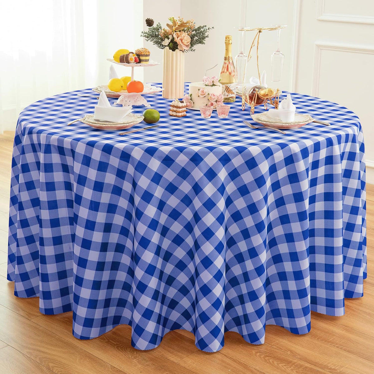Waterproof Plaid Tablecloth Fabric - Round 120 Inch Classic Gingham Checker Table Cloth for