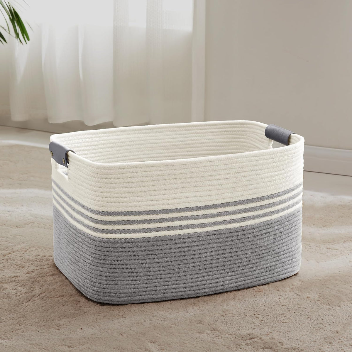 60L Large Laundry Basket with Leather Handles for Living Room Storage, Woven Rope Baskets Bin for