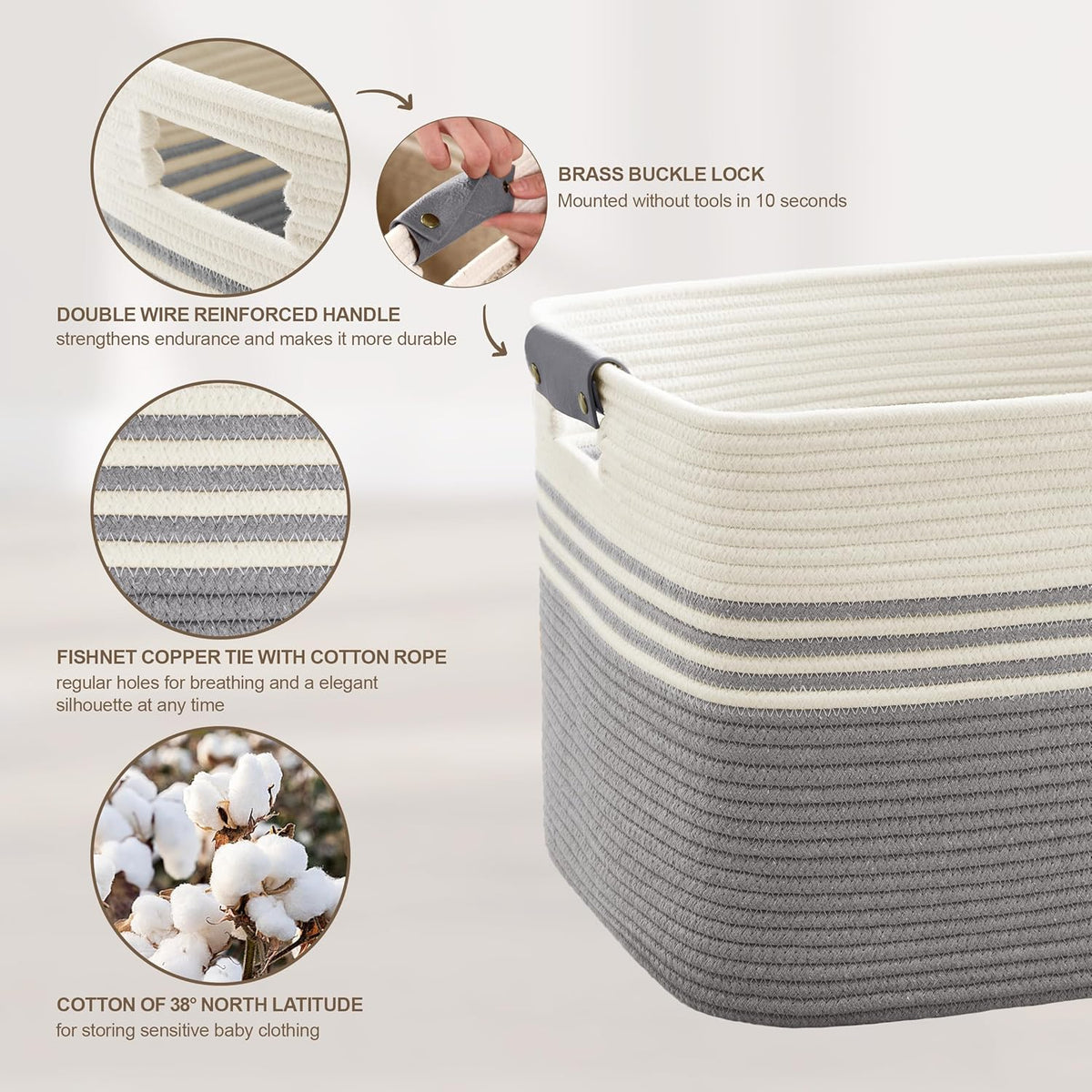 72L Large Laundry Basket with Leather Handles for Living Room Storage, Woven Rope Baskets Bin for
