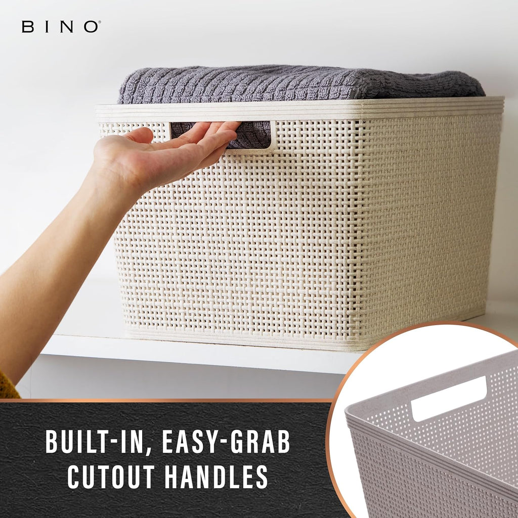 BINO | Woven Plastic Basket | Large (Natural Grey), 3-Pack | THE JUTE COLLECTION | Home