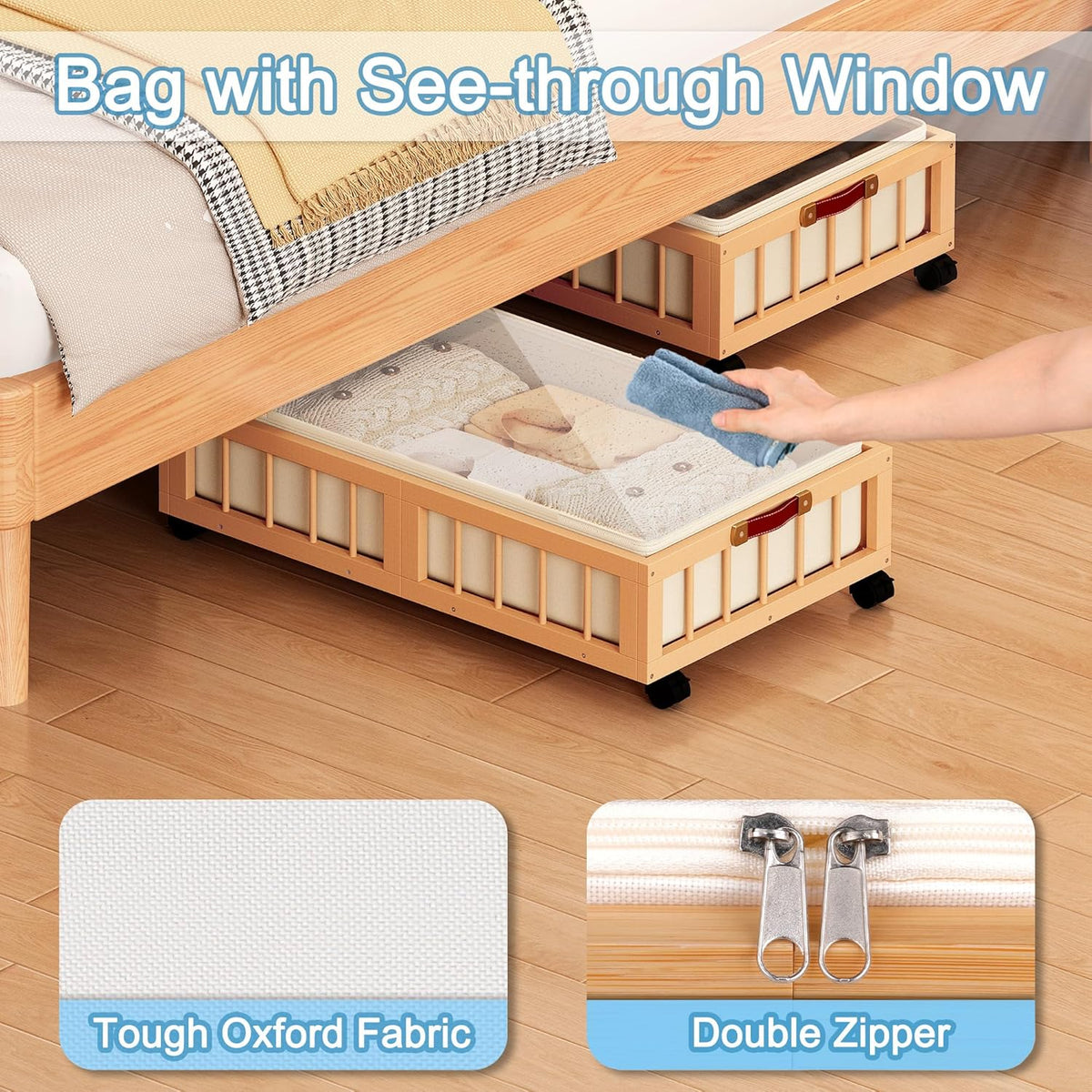 efluky 2-Pack Bamboo Under Bed Storage Containers with Wheels, Under Bed Clothes Storage Basket