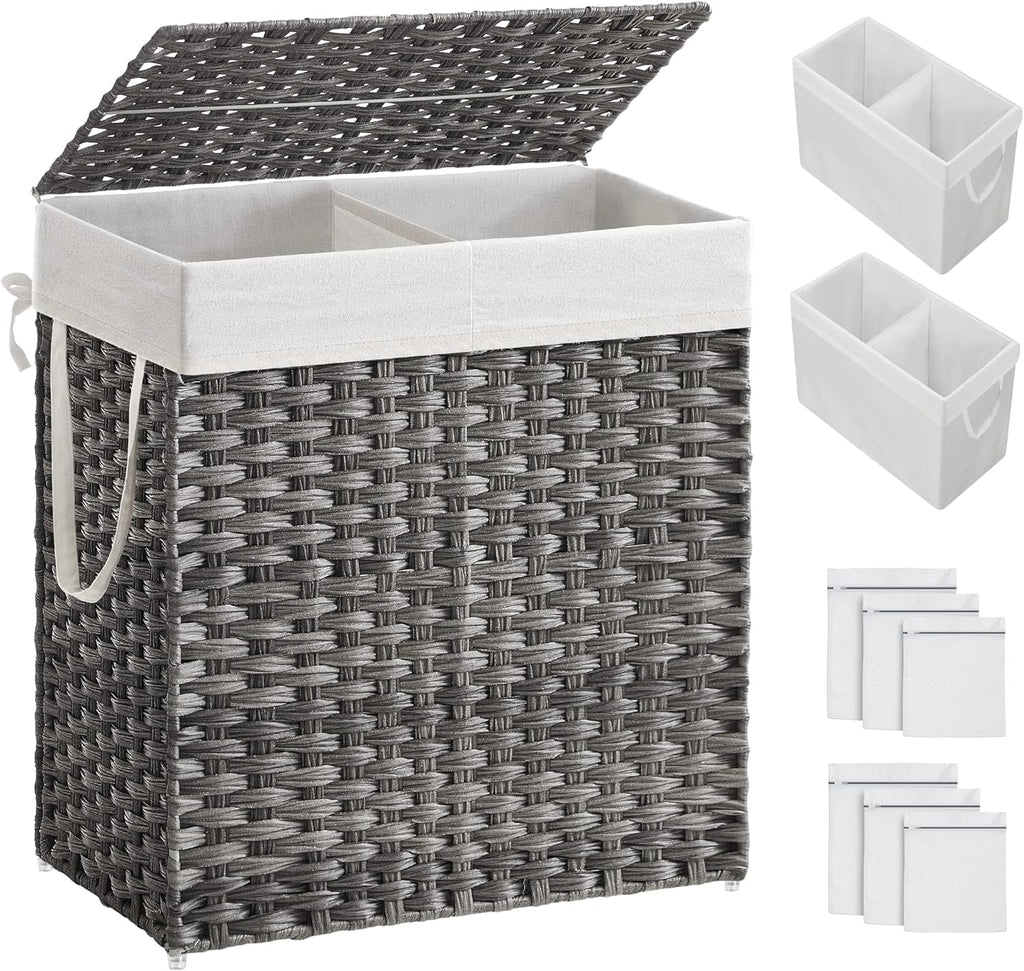 SONGMICS Laundry Hamper with Lid, 110L Clothes Hamper with 2 Removable Liner Bags, 6 Mesh Bags