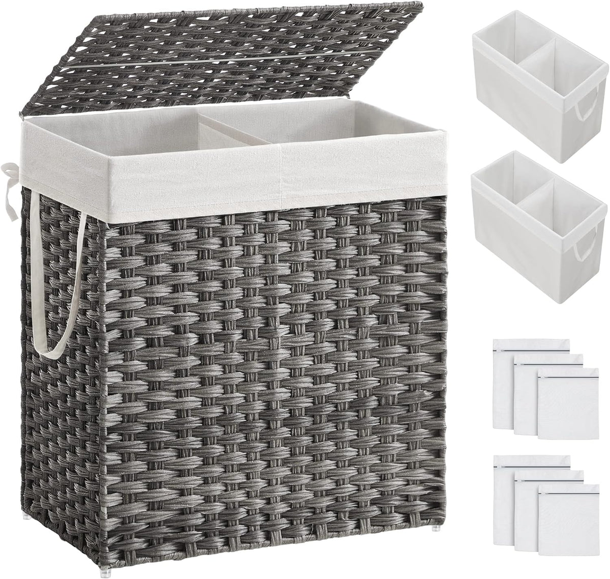 SONGMICS Laundry Hamper with Lid, 110L Clothes Hamper with 2 Removable Liner Bags, 6 Mesh Bags