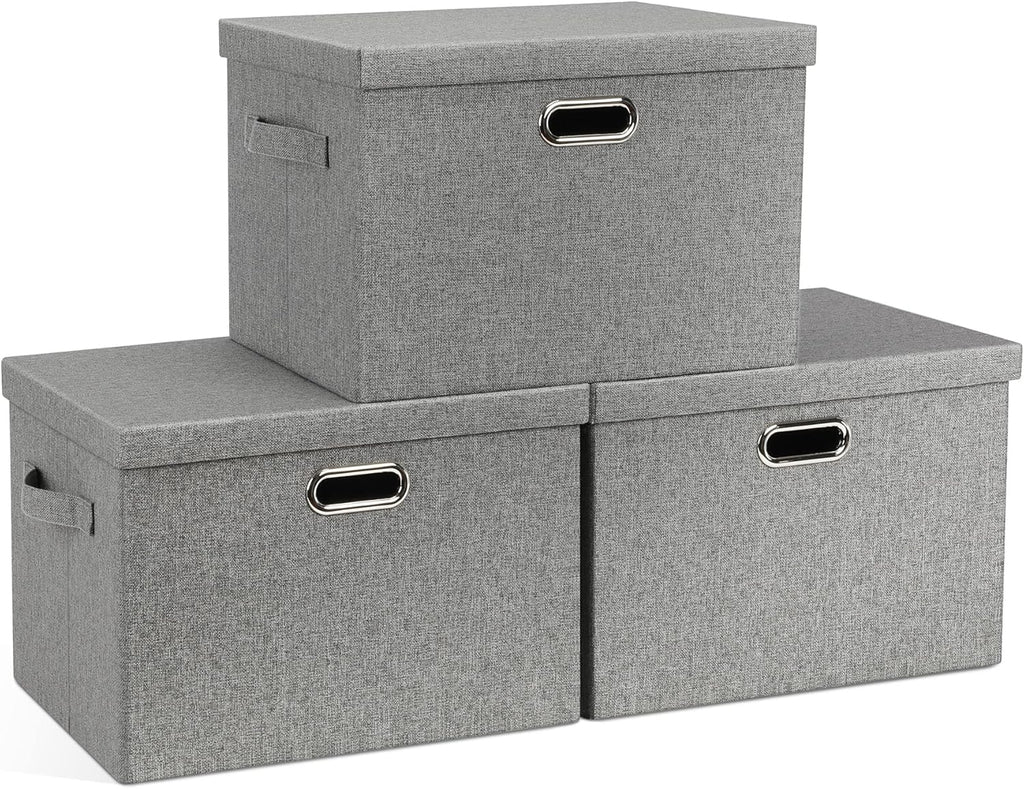 Large 17" 36 Quart Collapsible Stackable Storage Bins with Lids, 3 Packs Grey Linen Fabric Closet