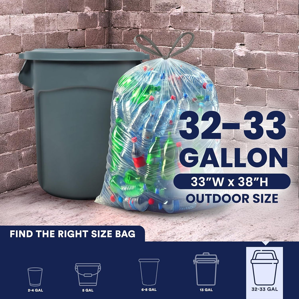 Plasticplace 32-33 Gallon Recycling Bags │ 0.9 Mil │ Clear Drawstring Garbage Can Liners │ 33" x