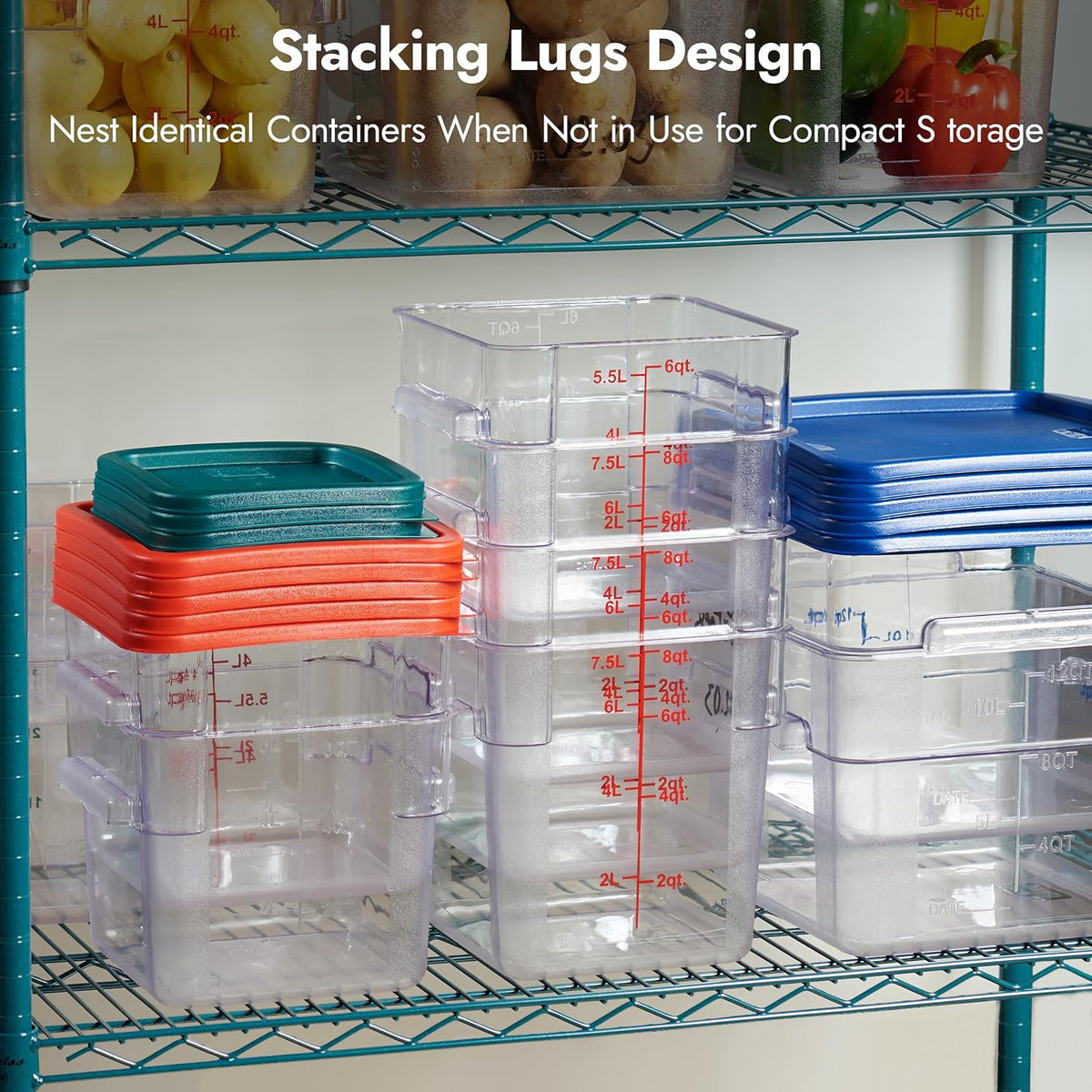 CURTA 4 Pack Food Storage Container with Red Lid - NSF Listed Commercial Grade in 8.0 Qt - Square