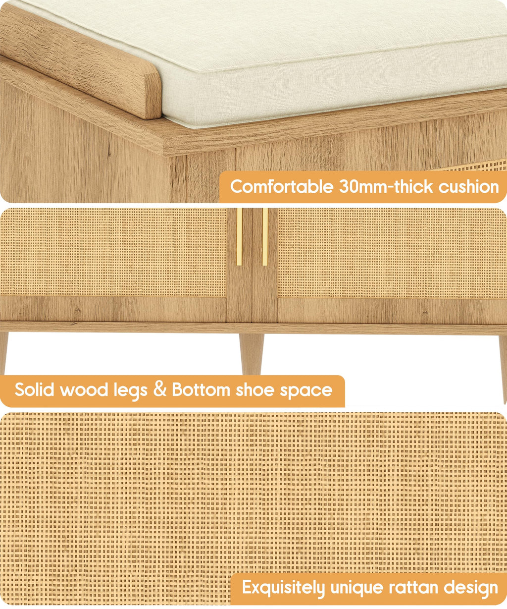 Akxomel 39.4" Rattan Shoe Storage Bench 2 Doors Wooden Entryway Bench Oak
