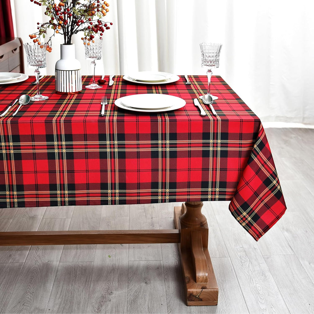 Gingham Xmas Tartan Tablecloth Fabric - Oblong 58x120 Water Resistant Christmas Plaid Table Cloth