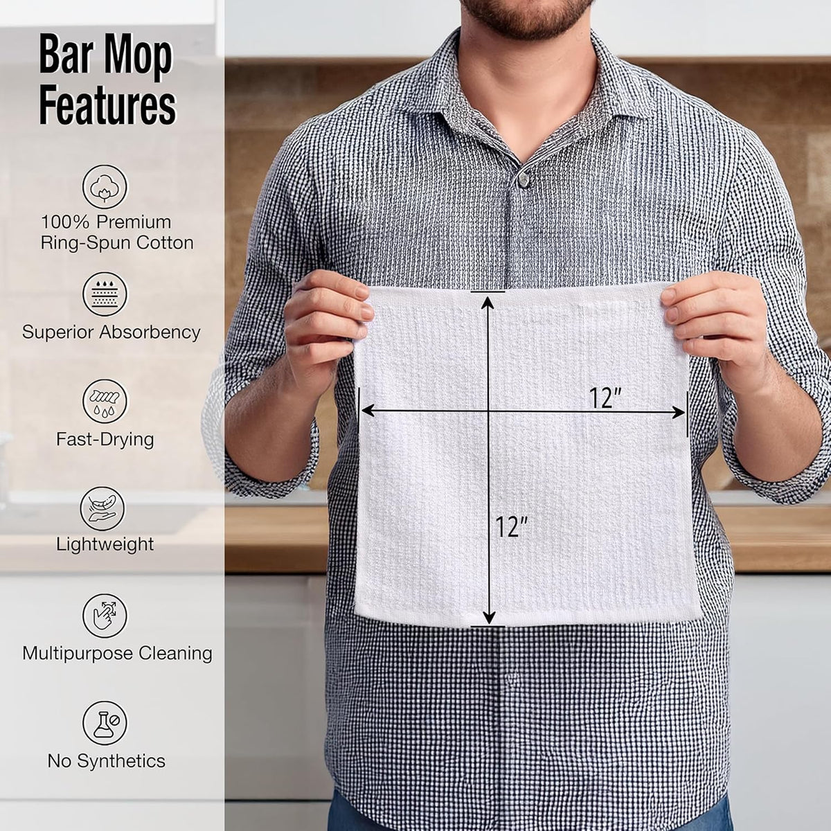 Bar Mop Cleaning Kitchen Dish Cloth Towels 12" x 12", 100% Cotton, Machine Washable, Everyday