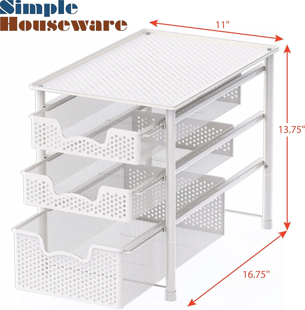 Simple Houseware 3 Tier White Alloy Steel Sliding Basket Organizer Drawer Cabinet
