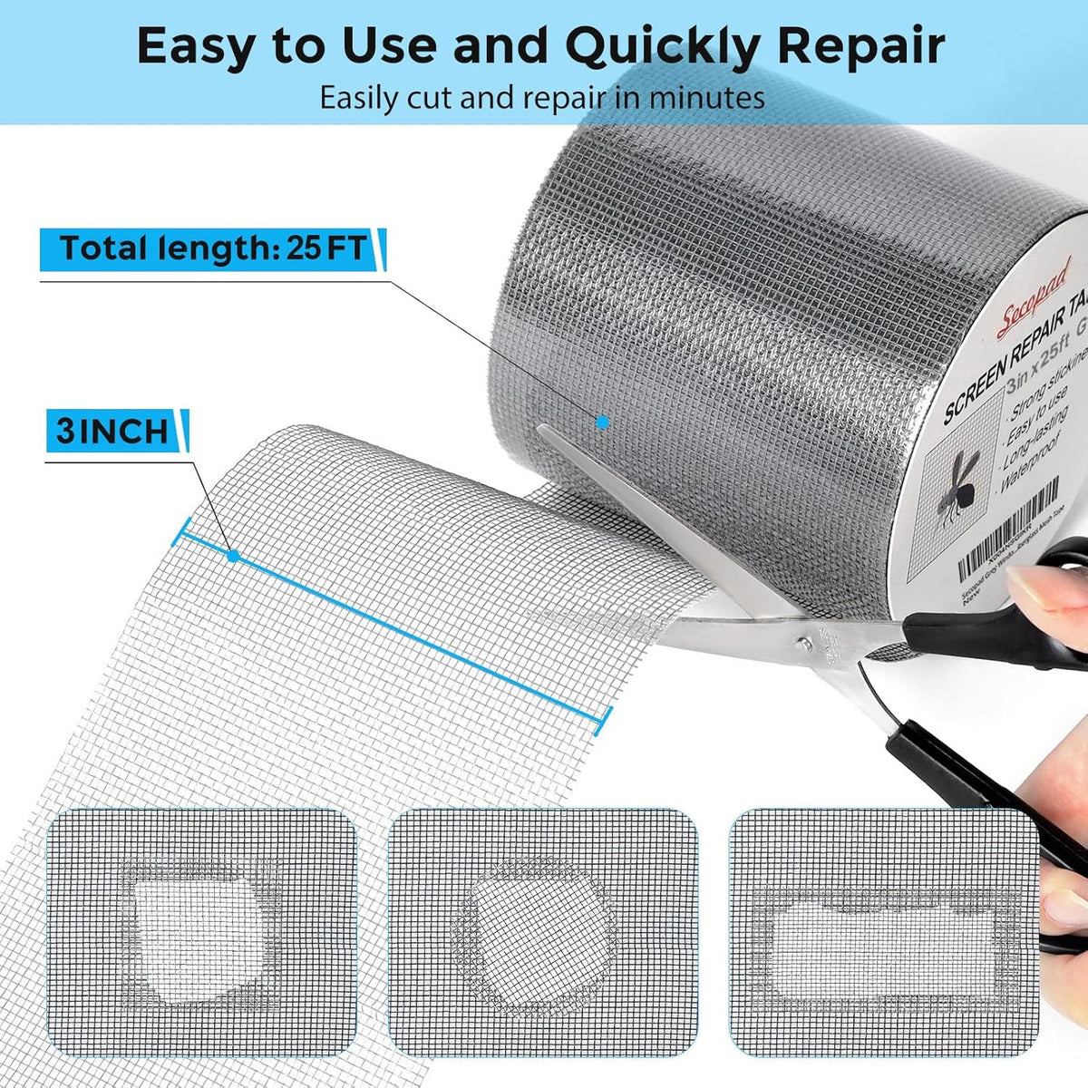 Grey Window Screen Repair Tape, 3IN X 25FT (300IN) Screen Repair Kit for Windows or Doors, Strong