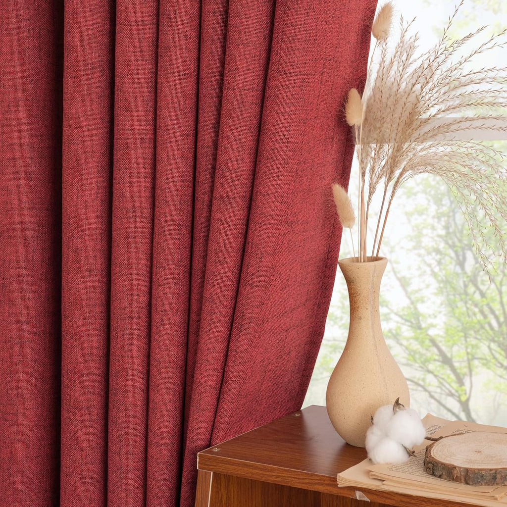 YoungsTex Red Linen Curtains 45 Inch Length for Kitchen, Short Window Drapes with Rod Pocket Back
