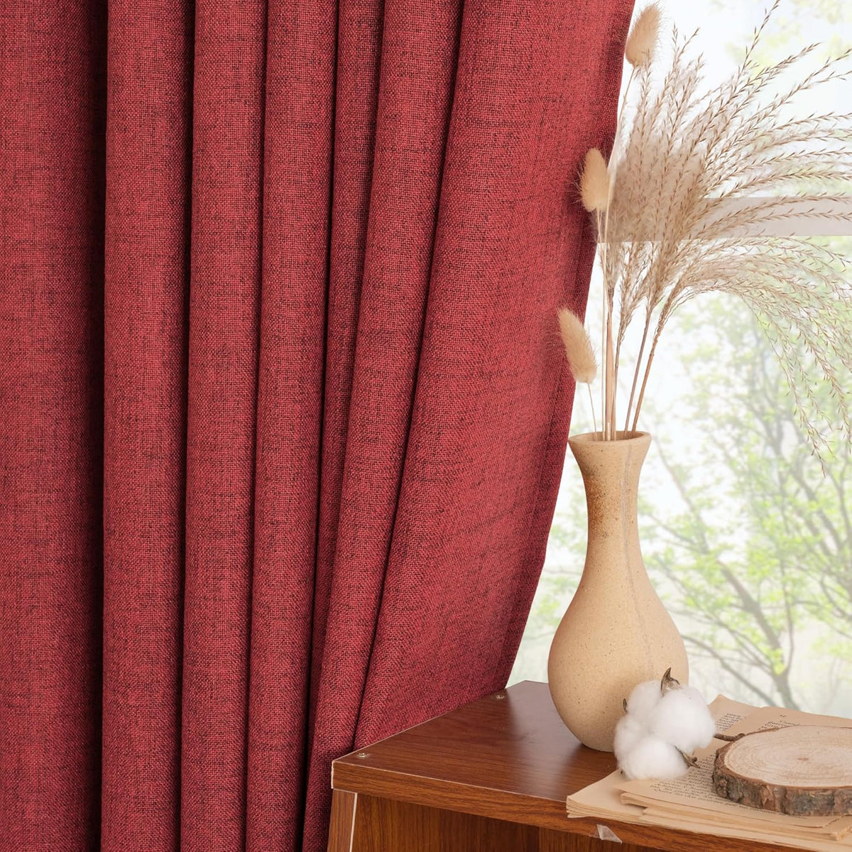 YoungsTex Red Linen Curtains 45 Inch Length for Kitchen, Short Window Drapes with Rod Pocket Back