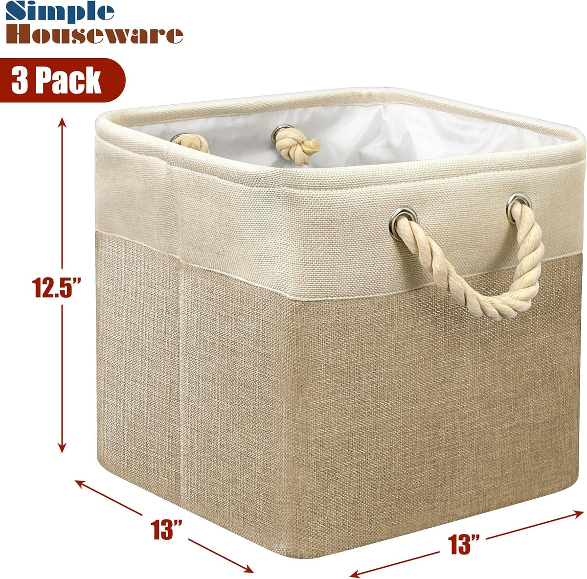 SIMPLE HOUSEWARE Fabric Storage Cubes, 13" x 13" Storage Bin, 3 Pack, Beige
