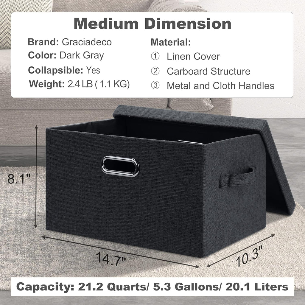 Medium 15" 21 Quart Collapsible Stackable Storage Bins with Lids, 5 Packs Dark Gray Foldable Fabric