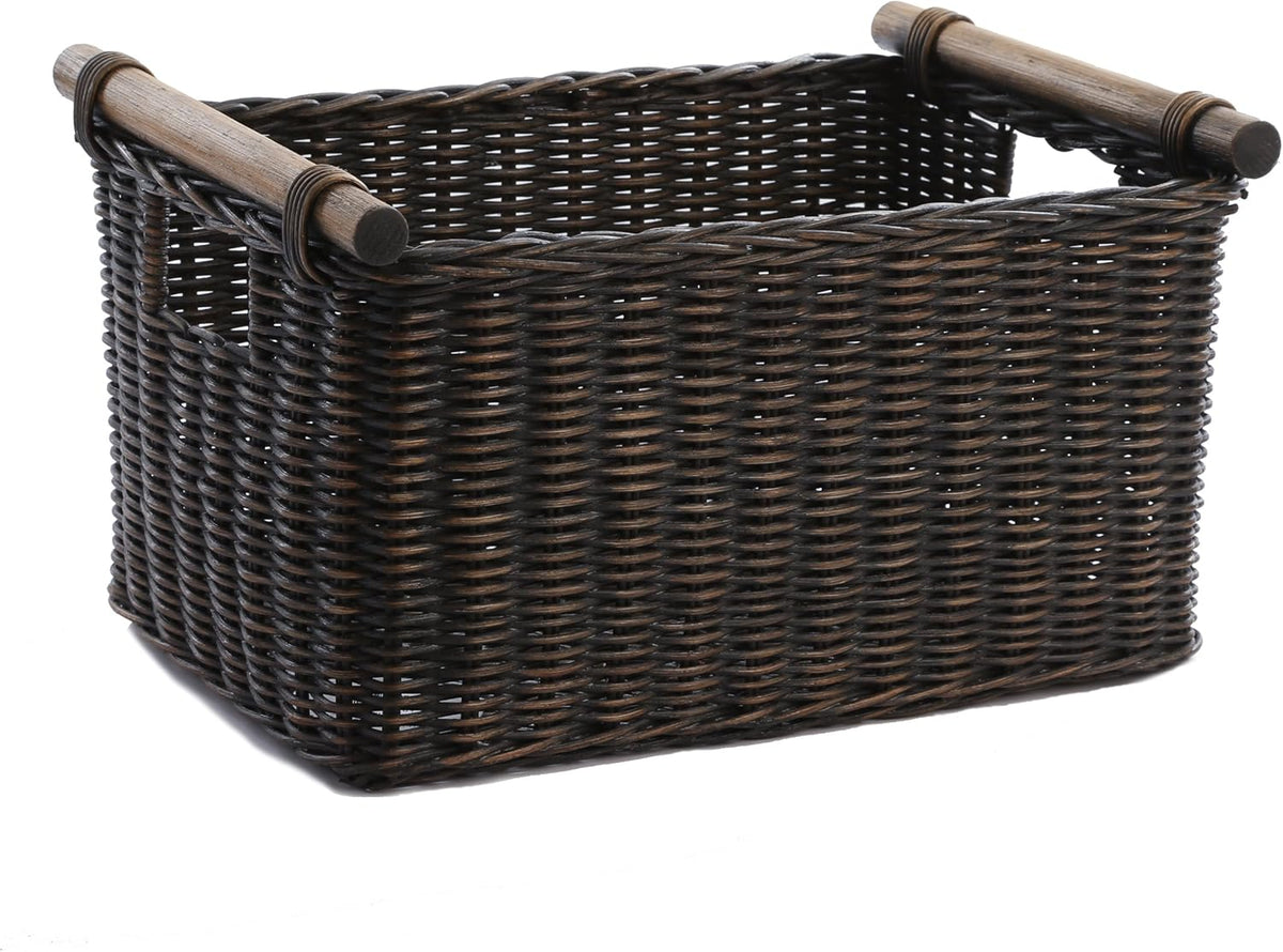 The Basket Lady Pole Handle Wicker Storage Basket, Small, 14 in L x 10 in W x 7.5 in H, Antique