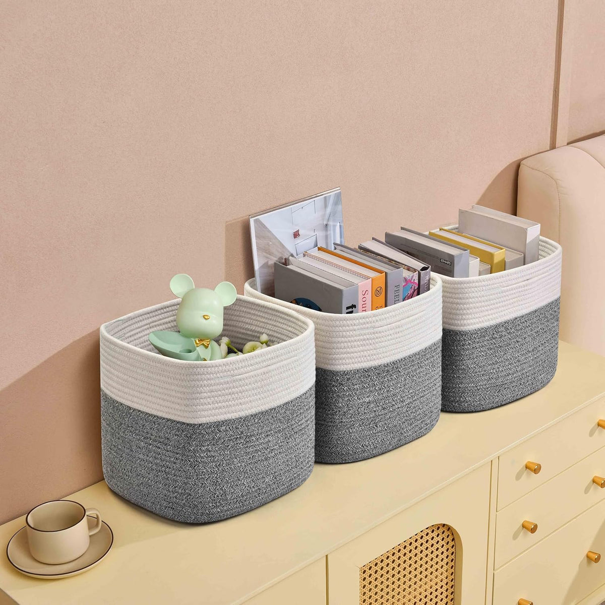 3 Pack Storage Cubes 11 Inch Cotton Rope Woven Baskets for Organizing Cube Bin Square Shelves