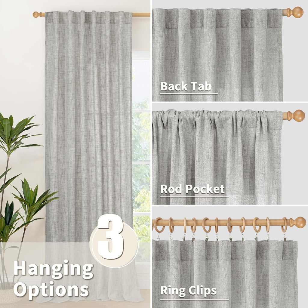 YoungsTex Dark Grey Linen Semi Sheer Curtains 36 Inch Length for Cafe Winow, Short Drapes Light