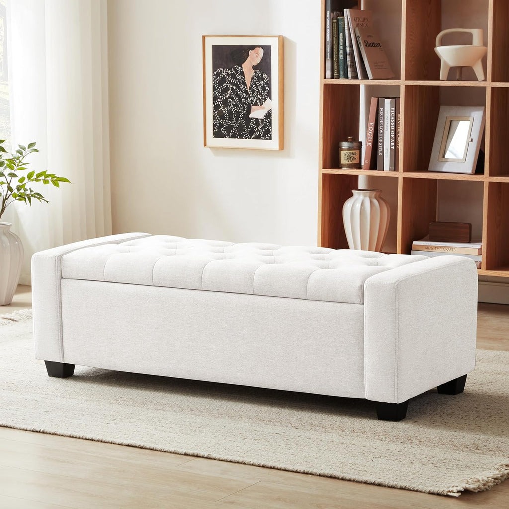 48" Ottoman with Storage, White Storage Ottoman Bench with Safety Hinge, Upholstered Entryway Bench