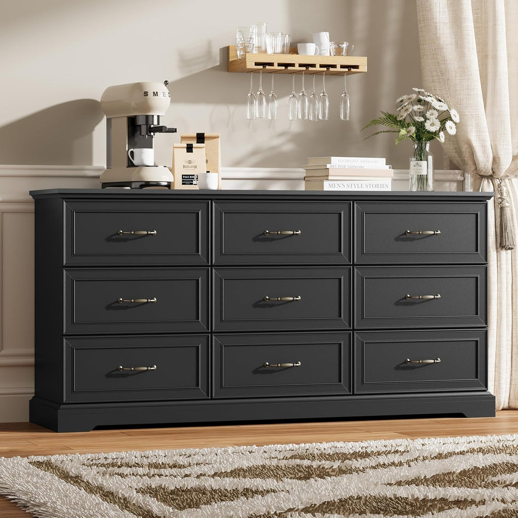 9 Drawer Dresser for Bedroom, 63" Wide Wooden Chest of Drawers, Rustic Farmhouse Dresser with Large