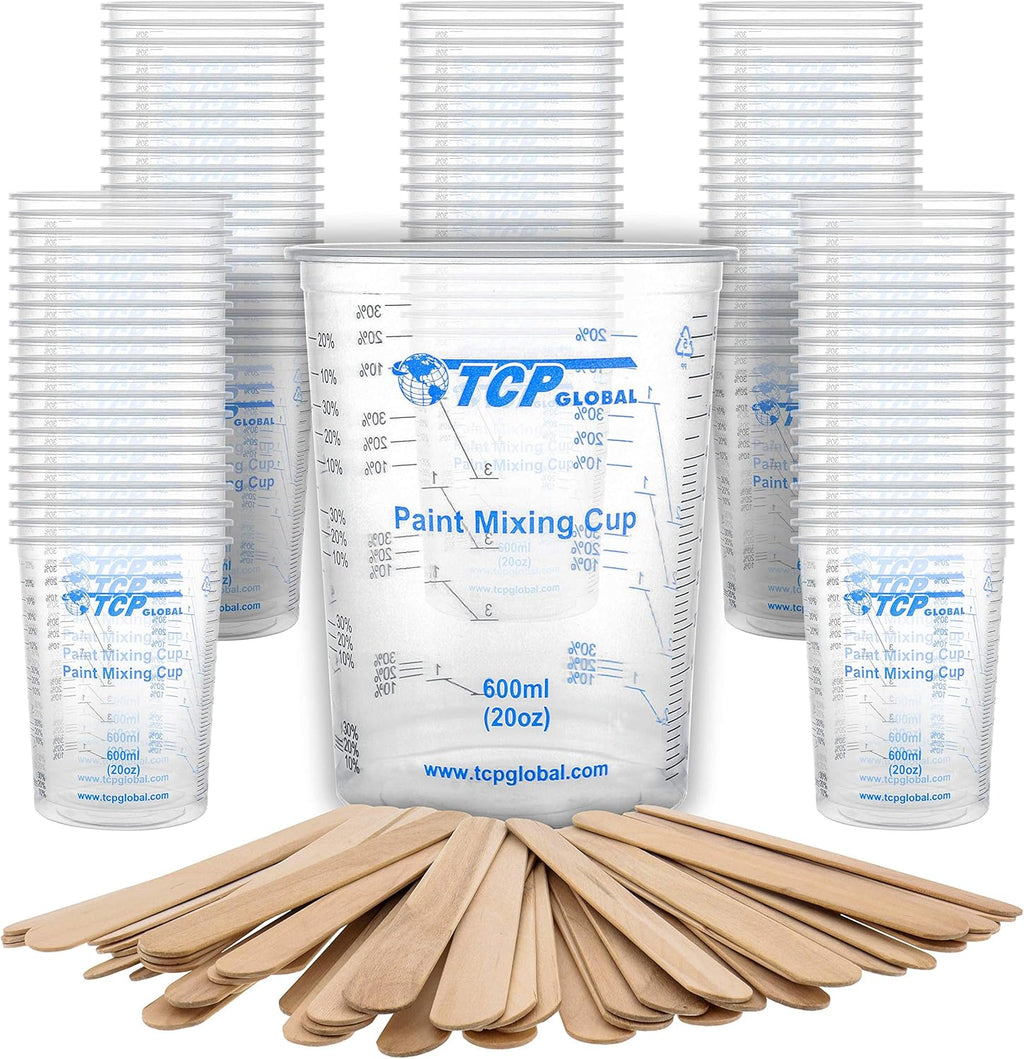 TCP Global 20 oz. (600ml) Graduated Plastic Mixing Cups - Box of 100 with 50 Mixing Sticks