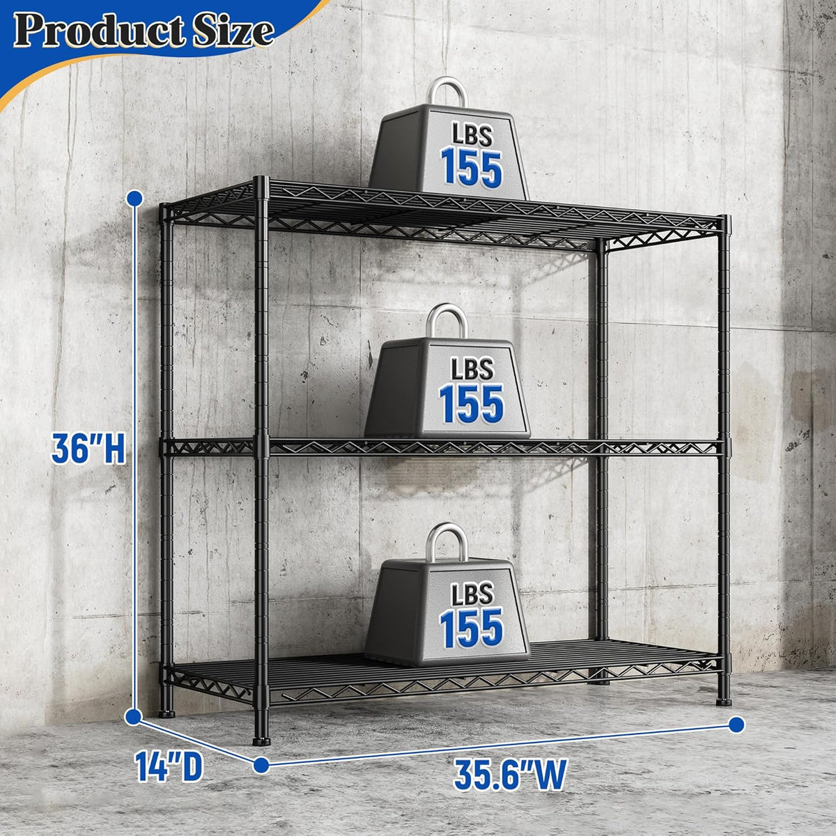 3- Shelf Metal Shelving Unit 35.6Wx14Dx36H Adjustable Storage Shelves Heavy Duty Garage Shelving