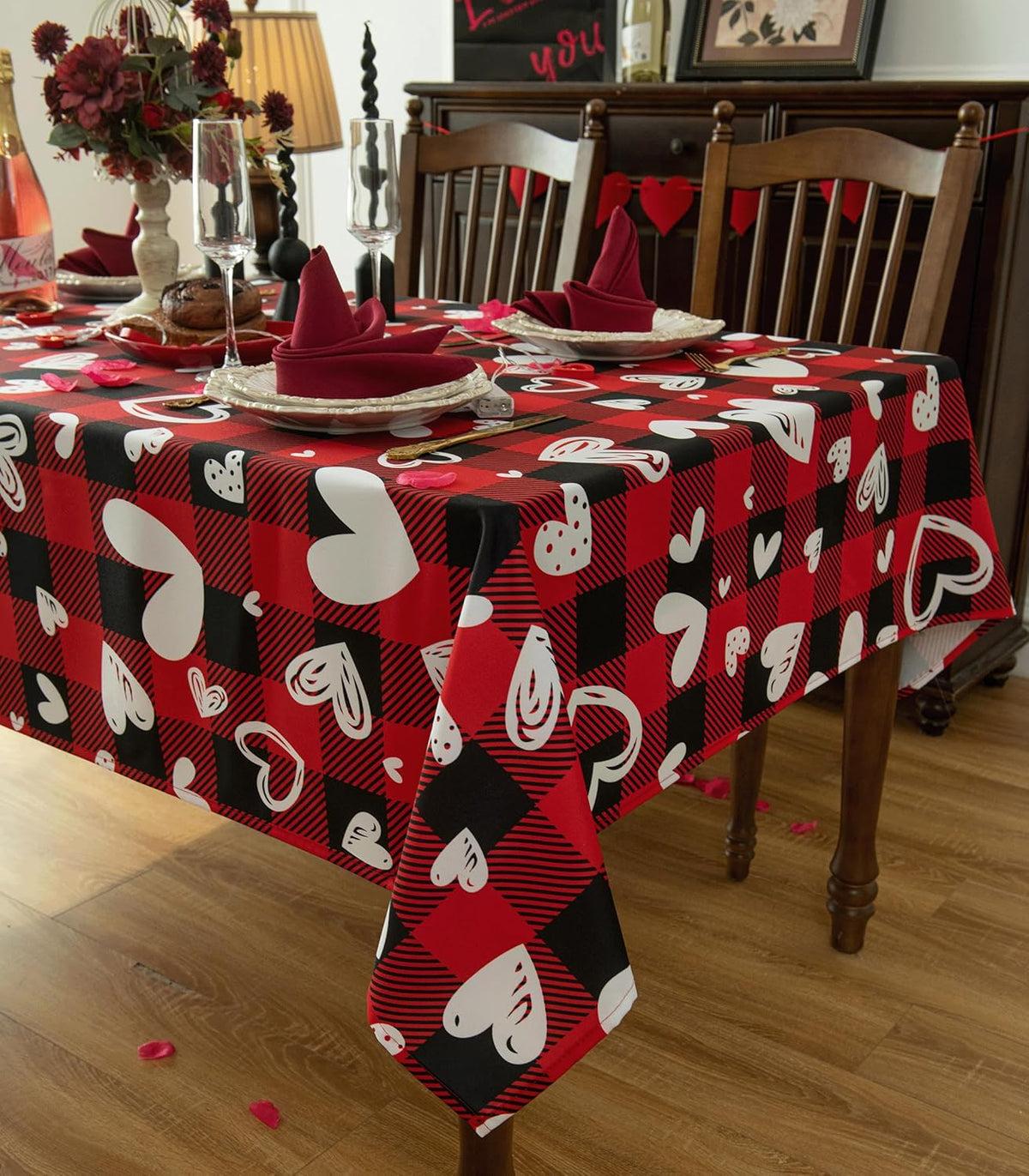 Valentine's Day Tablecloth Fabric - Oblong 58x120 Water Resistant Love Themed Plaid Table Cloth for
