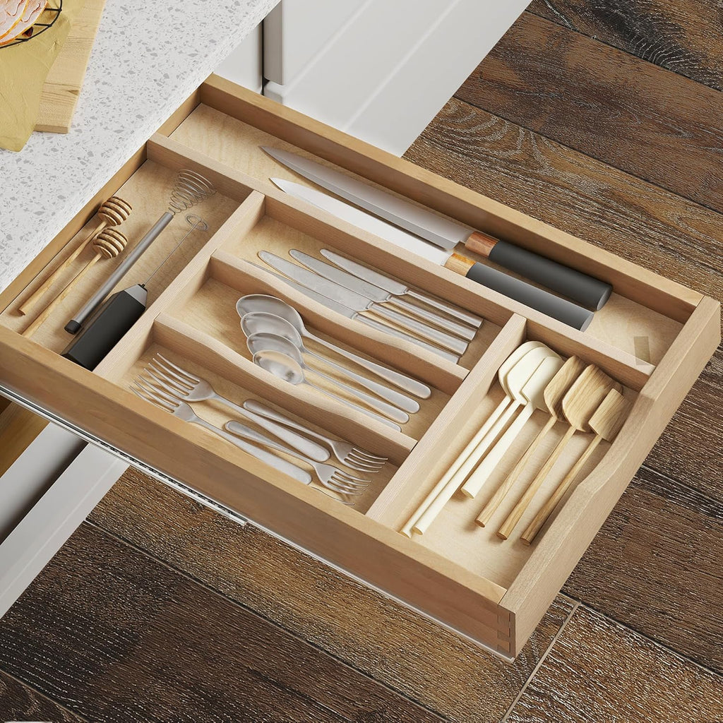 WelFurGeer Premium Wooden Silverware Organizer for Kitchen Drawers, Utensil Tray for Kitchen