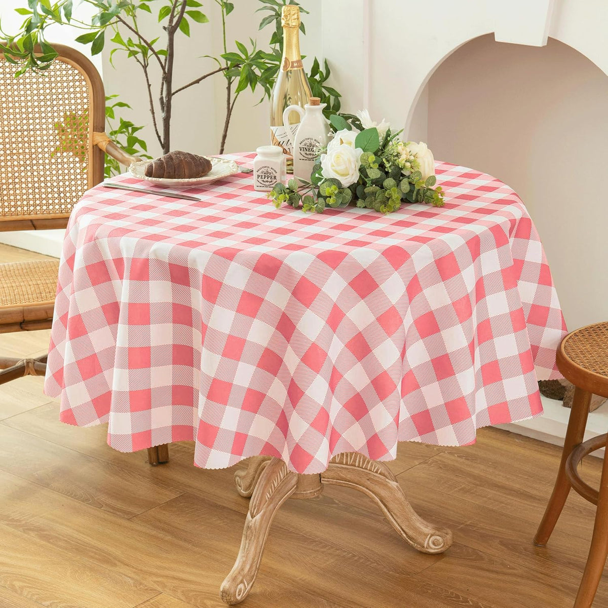 Waterproof Plaid Tablecloth Fabric - Round 50 Inch Classic Gingham Checker Table Cloth for