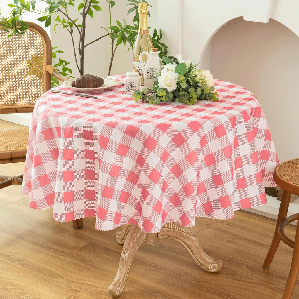 Waterproof Plaid Tablecloth Fabric - Round 25 Inch Classic Gingham Checker Table Cloth for
