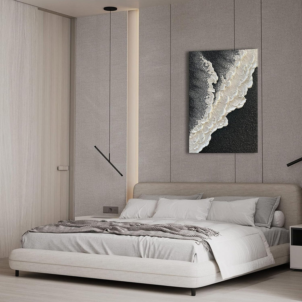 NANKAI Handcrafted Thick Texture Black and White Abstract Canvas Art Ocean Wave Beach Landscape Oil