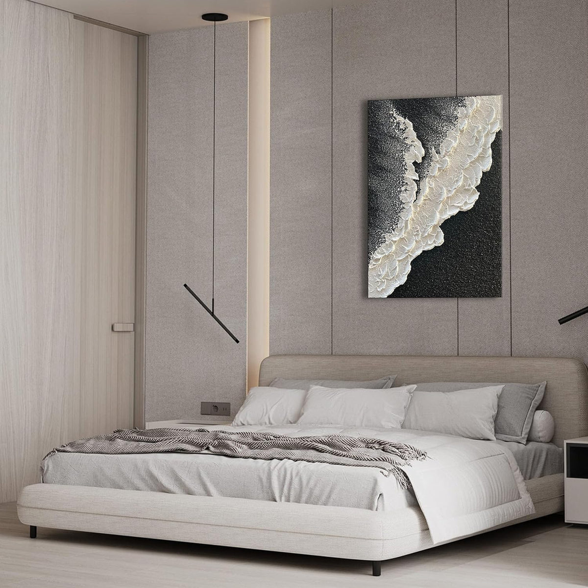 NANKAI Handcrafted Thick Texture Black and White Abstract Canvas Art Ocean Wave Beach Landscape Oil