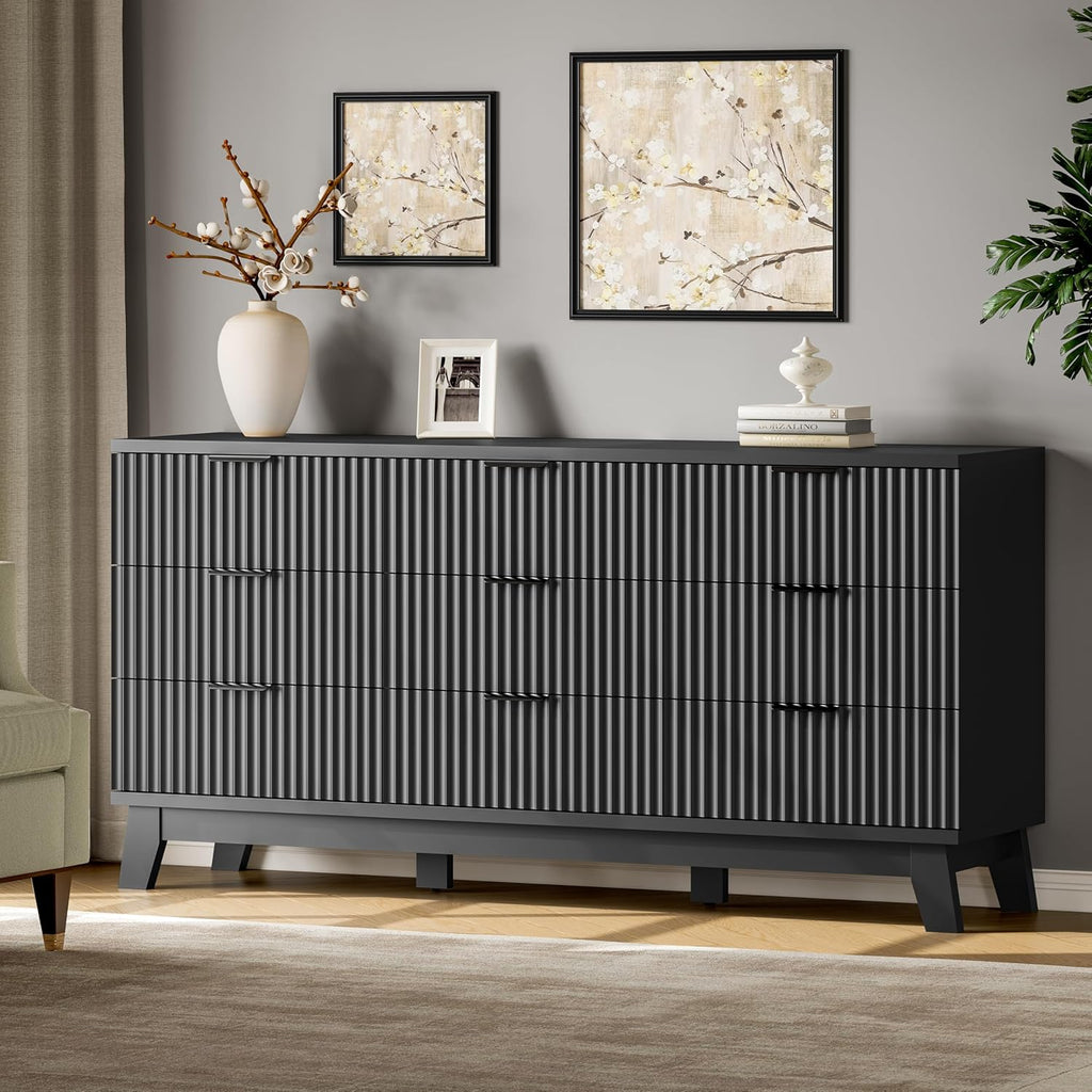 Fluted Dresser with 9 Drawers, 63" Wide Modern Chest of Drawers with Metal Handle, Wooden Dresser