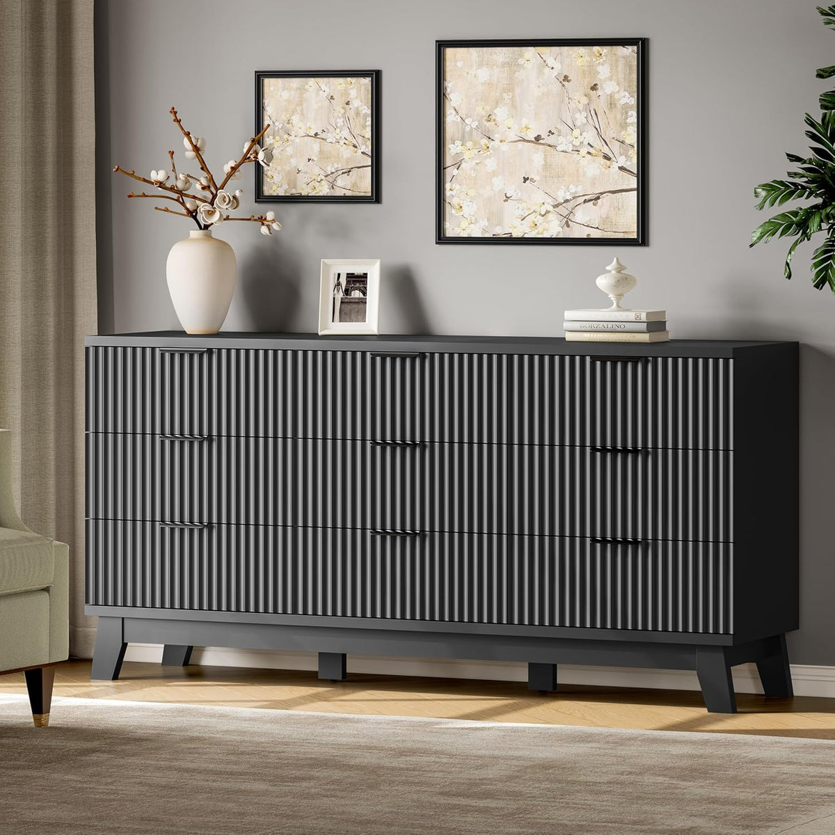 Fluted Dresser with 9 Drawers, 63" Wide Modern Chest of Drawers with Metal Handle, Wooden Dresser