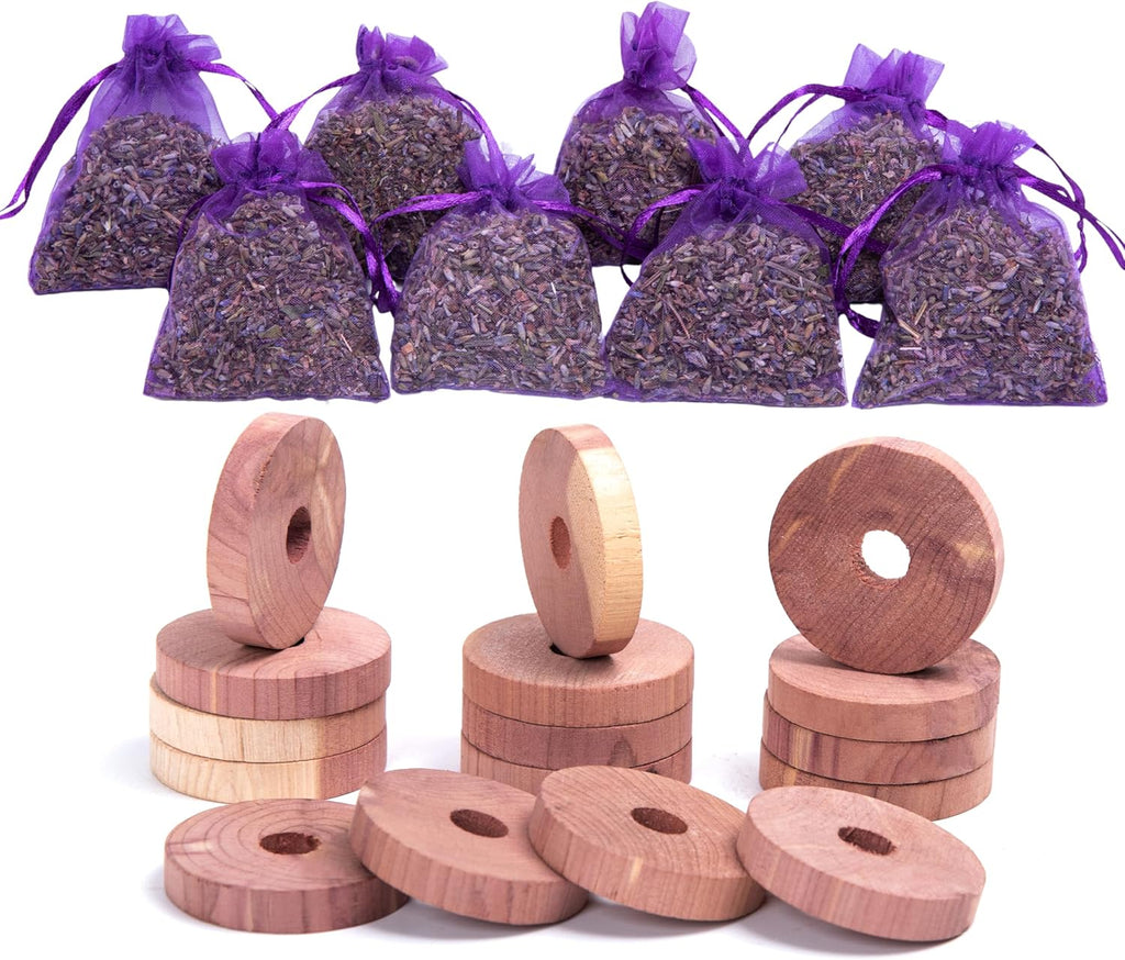 Pack of 16 Cedar Blocks and 8 Lavender Flower Sachets Craft Bag, Drawer Freshener, Linen, Shower