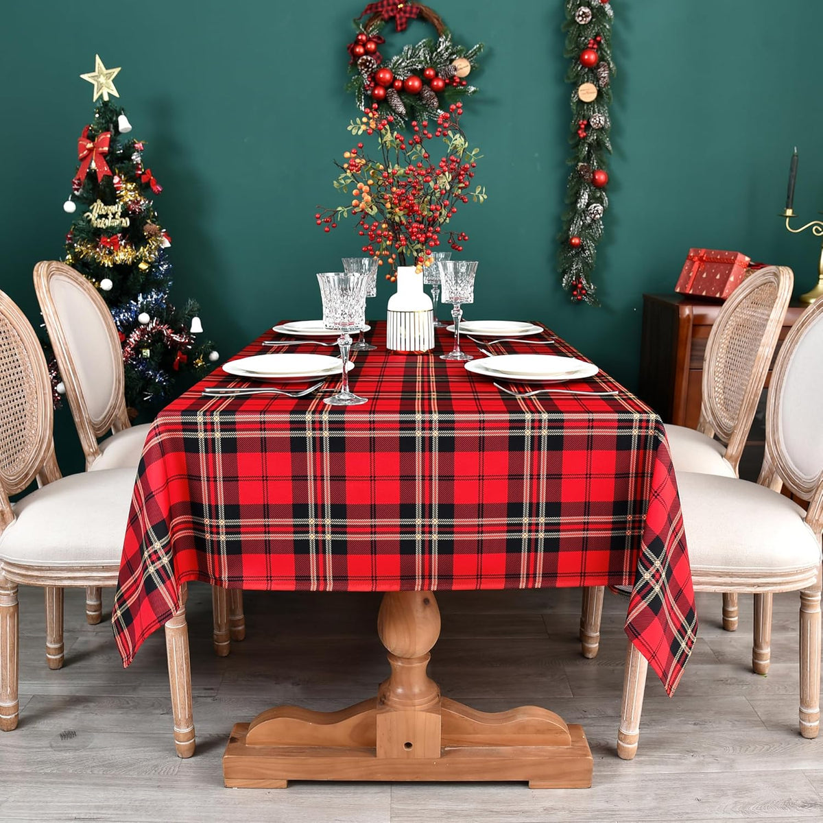 Gingham Xmas Tartan Tablecloth Fabric - Oblong 58x120 Water Resistant Christmas Plaid Table Cloth