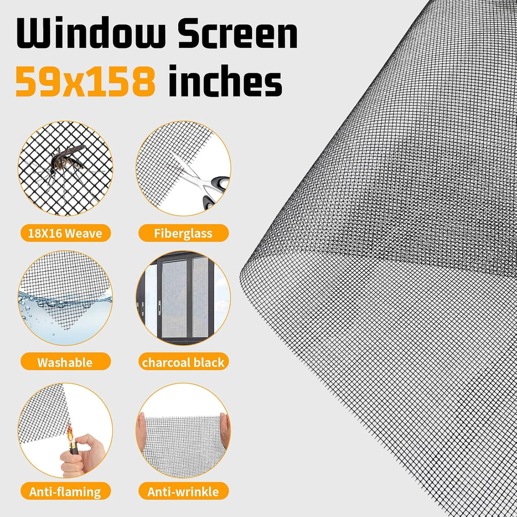 Window Screen Replacement,Screen Door Repair Kit, 59"x158" Black Window Screen Mesh,Including 50 FT