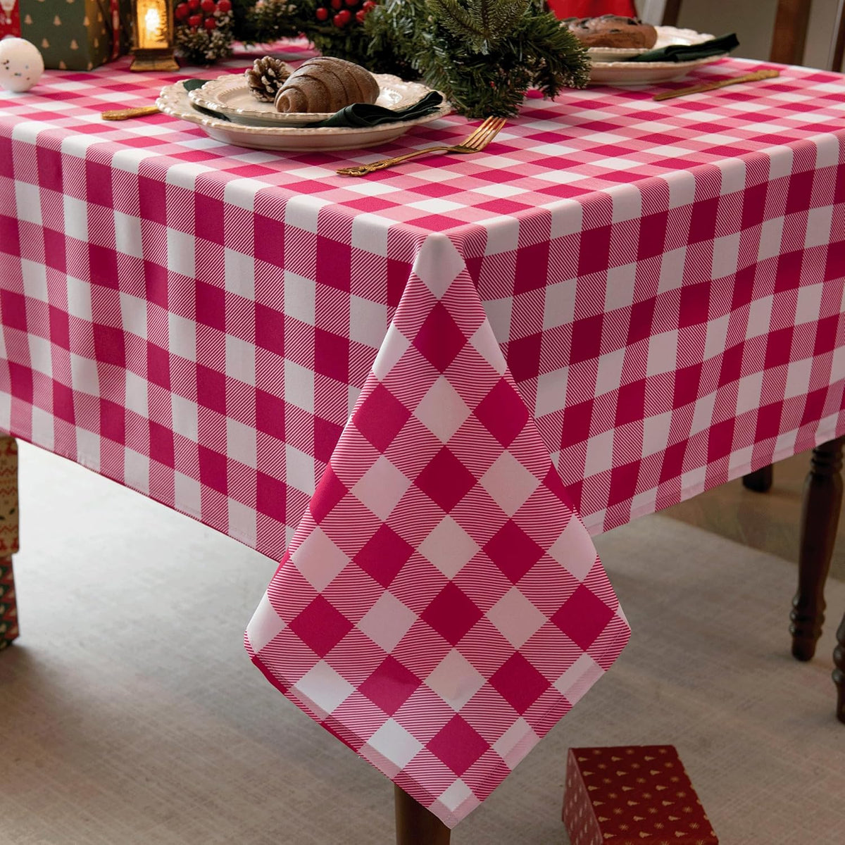 Waterproof Gingham Tablecloth Fabric - Oblong 52x70 Inch Classic Buffalo Tartan Valentines Table