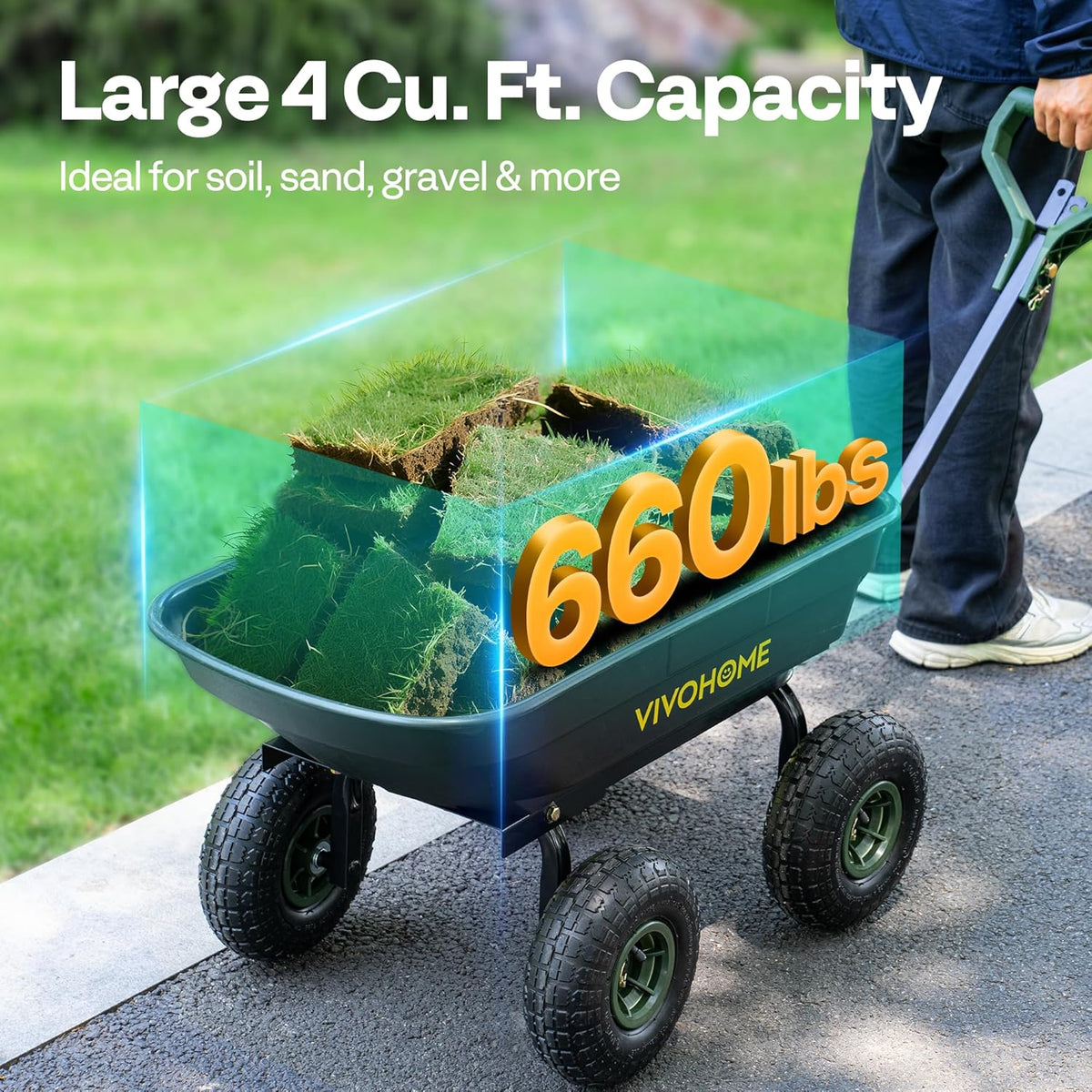 VIVOHOME 4 Cu.Ft 660lbs Wheelbarrow Garden Cart Dump Wagon with 2-in-1 Convertible Handle Attach to