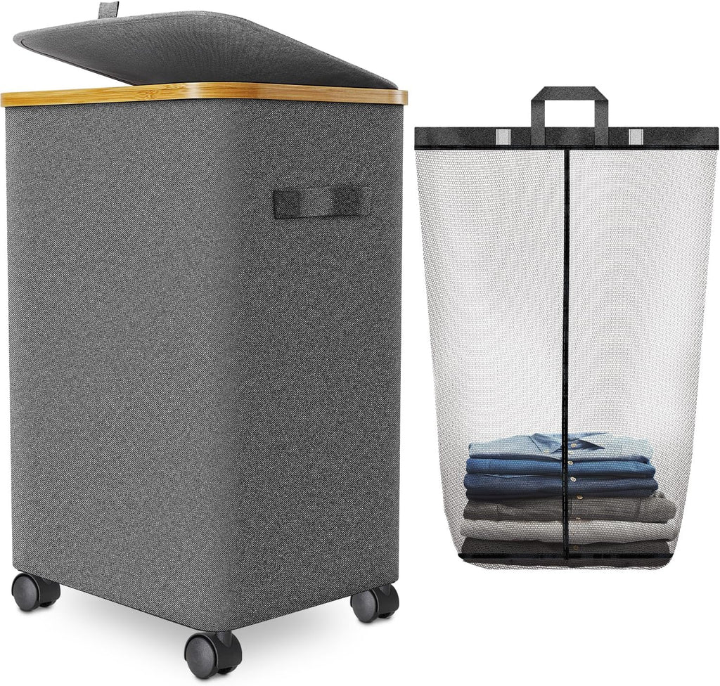 Laundry Hamper with Wheels,20 Gal (75L) Laundry Basket with lid Rolling Clothes Hamper Foldable